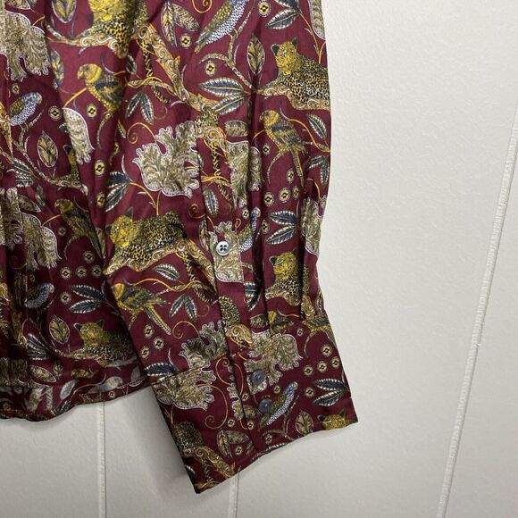J Crew Top Womens 14 Floral Cheetah Bird Print 100% Silk Blouse Button Up Shirt - Picture 7 of 10